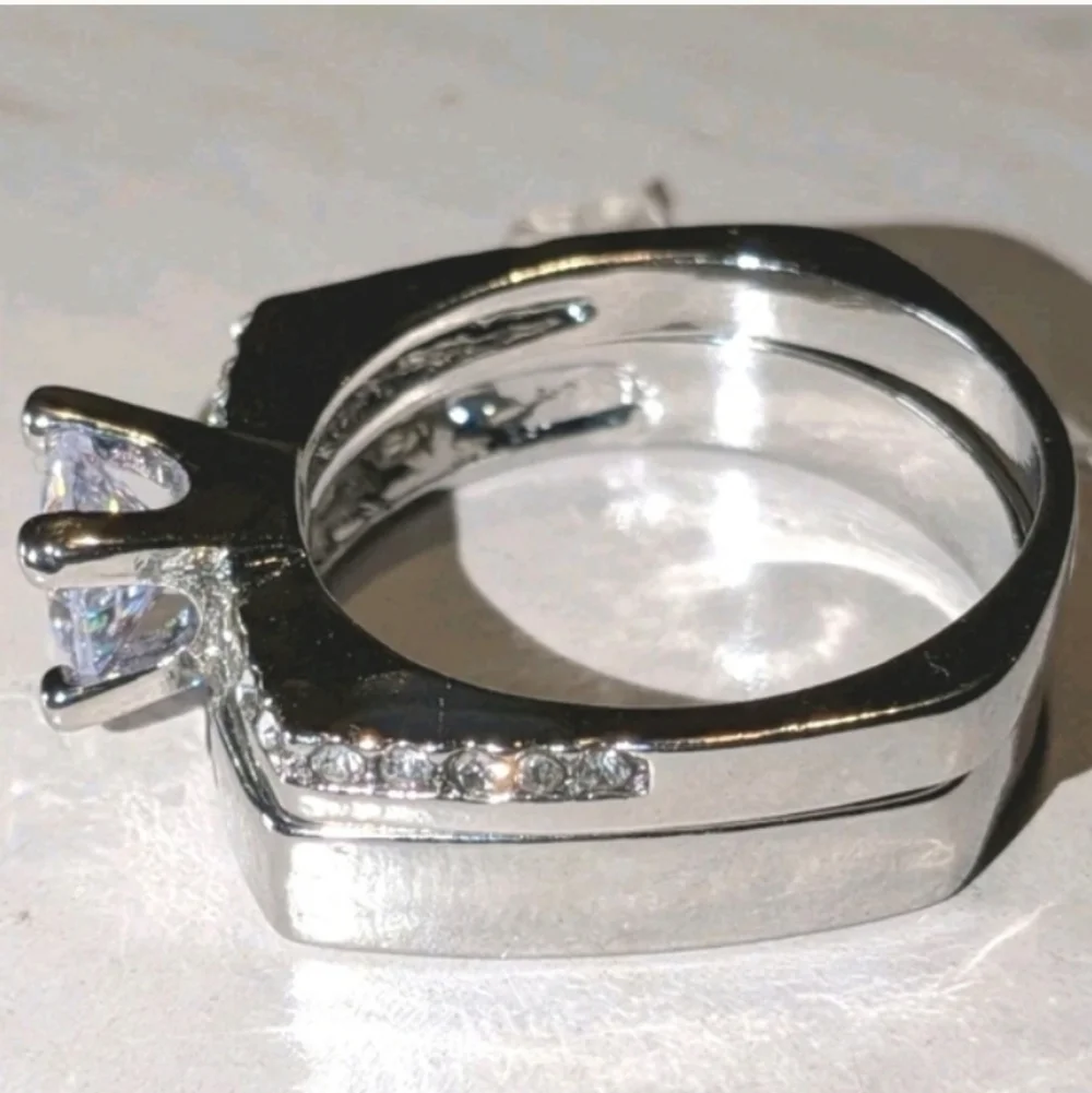 Mens Silver-Tone Clear Cubic zirconia Ring 2pc Set Sz 10